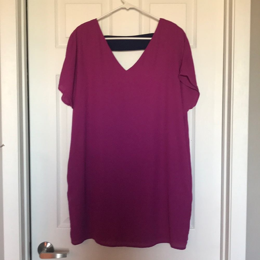 Puprple flowy shift dress.